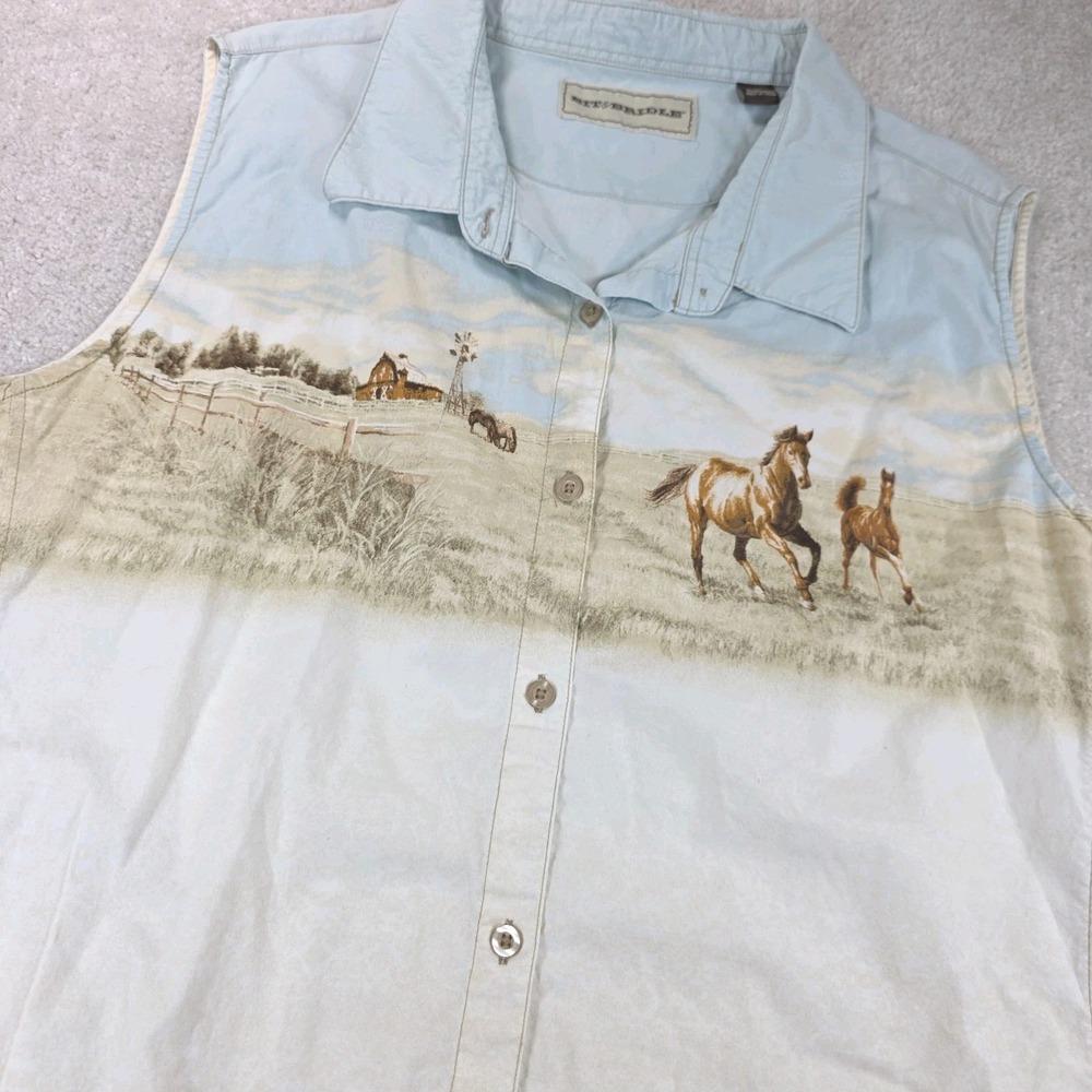 Bit & Bridle Shirt % 2X Light Blue Beige Horse Print Sleeveless Button-Up